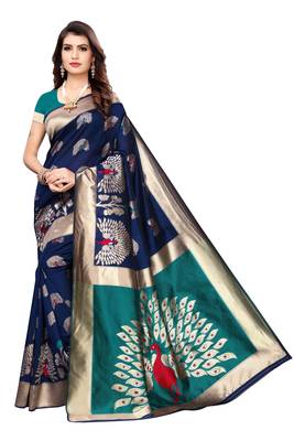 Dark blue woven banarasi silk saree with blouse 1
