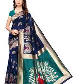 Dark blue woven banarasi silk saree with blouse
