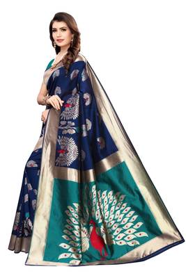 Dark blue woven banarasi silk saree with blouse 2