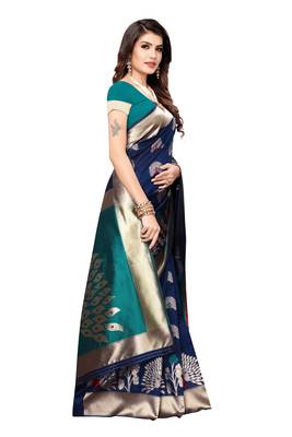 Dark blue woven banarasi silk saree with blouse 3