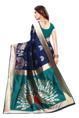 Dark blue woven banarasi silk saree with blouse 4