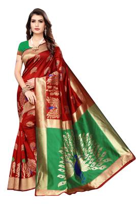 Red woven banarasi silk saree with blouse 1