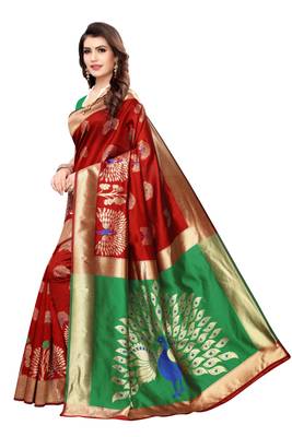Red woven banarasi silk saree with blouse 2