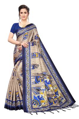 Dark blue printed khadi saree with blouse 1