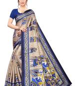 Dark blue printed khadi saree with blouse