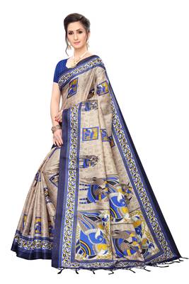 Dark blue printed khadi saree with blouse 2