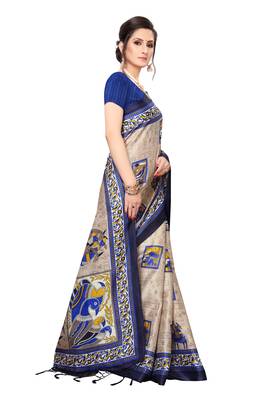 Dark blue printed khadi saree with blouse 3