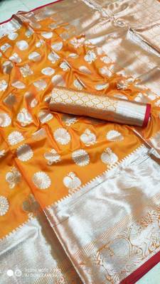 Women'S Designer Orange Banarasi Kanjivaram Saree With Designer Blouse 1