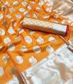 Women'S Designer Orange Banarasi Kanjivaram Saree With Designer Blouse