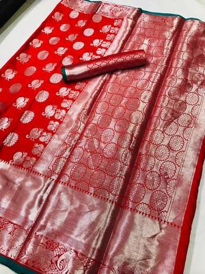 Women'S Designer Red Banarasi Kanjivaram Saree With Designer Blouse 1