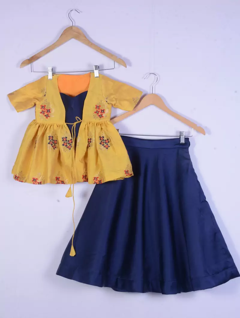 Girl Yellow Amd Blue Cotton Silk Lahenga Choli Set