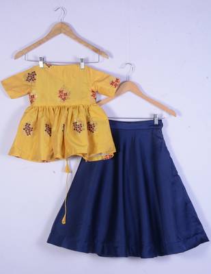 Girl Yellow Amd Blue Cotton Silk Lahenga Choli Set 2