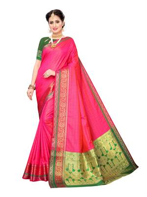 Pink woven poly silk saree with blouse 1