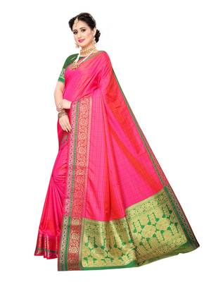 Pink woven poly silk saree with blouse 2