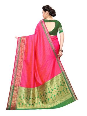 Pink woven poly silk saree with blouse 4