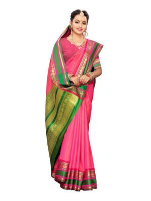 Pink woven poly silk saree with blouse 4