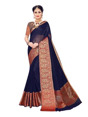 Navy blue woven cotton silk saree with blouse 1