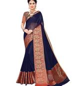 Navy blue woven cotton silk saree with blouse