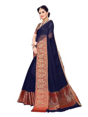 Navy blue woven cotton silk saree with blouse 2