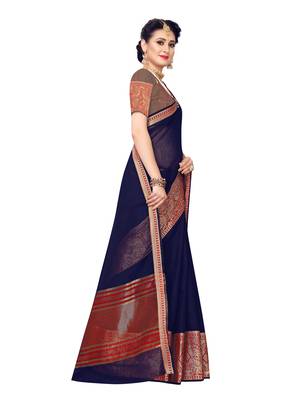 Navy blue woven cotton silk saree with blouse 3
