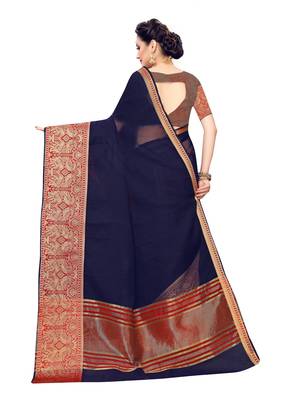 Navy blue woven cotton silk saree with blouse 4