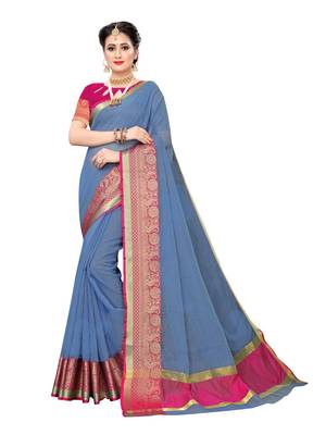 Blue woven cotton silk saree with blouse 1