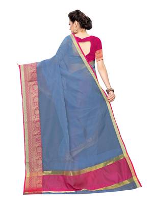 Blue woven cotton silk saree with blouse 4