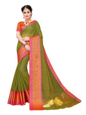Olive woven cotton silk saree with blouse 1
