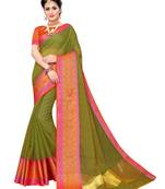 Olive woven cotton silk saree with blouse