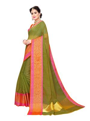 Olive woven cotton silk saree with blouse 2