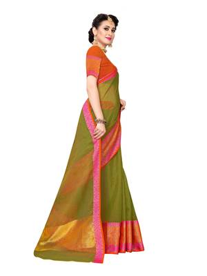 Olive woven cotton silk saree with blouse 3