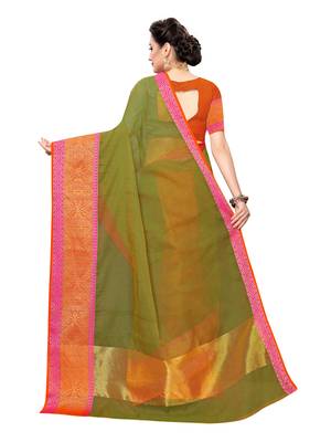 Olive woven cotton silk saree with blouse 4