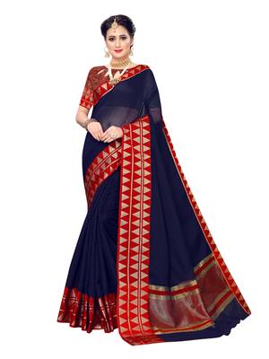 Navy blue woven cotton silk saree with blouse 1