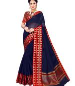 Navy blue woven cotton silk saree with blouse