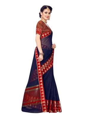 Navy blue woven cotton silk saree with blouse 3