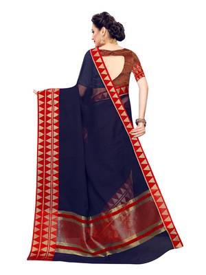 Navy blue woven cotton silk saree with blouse 4