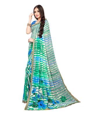 Green printed georgette saree with blouse 2