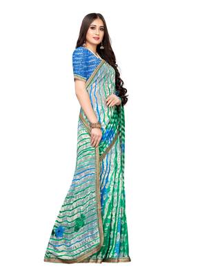 Green printed georgette saree with blouse 3