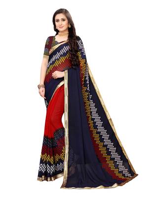 Navy blue printed georgette saree with blouse 1