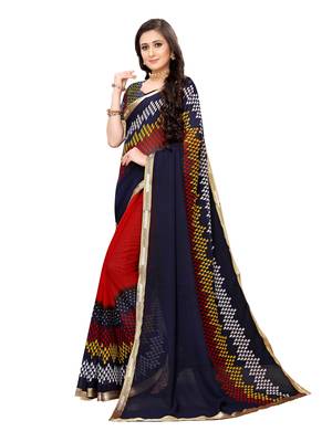 Navy blue printed georgette saree with blouse 2