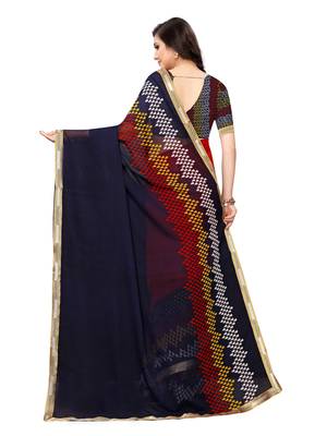 Navy blue printed georgette saree with blouse 4