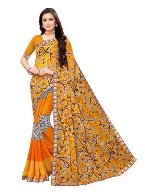 Yellow printed georgette saree with blouse 1
