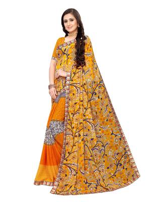 Yellow printed georgette saree with blouse 2