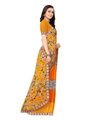 Yellow printed georgette saree with blouse 3
