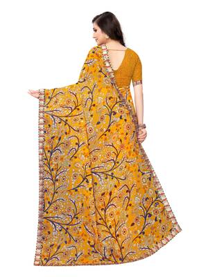 Yellow printed georgette saree with blouse 4