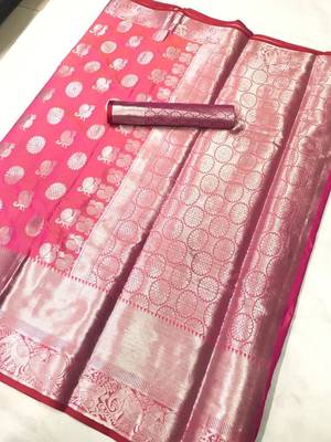 Women'S Designer Pink Banarasi Kanjivaram Saree With Designer Blouse 1