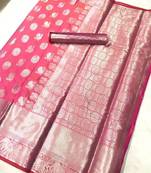 Women'S Designer Pink Banarasi Kanjivaram Saree With Designer Blouse