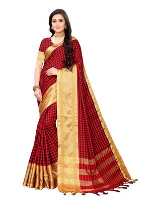 Red woven cotton silk saree with blouse 1