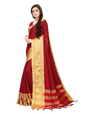 Red woven cotton silk saree with blouse 2