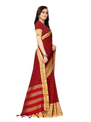 Red woven cotton silk saree with blouse 3